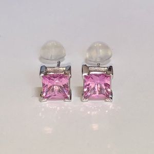Real Solid 14K White Gold Princess Cut Pink Solitaire Gemstone Stud Earrings